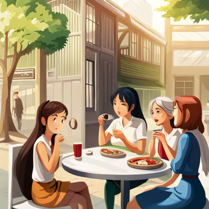 Samantha and her friends talking during lunch break