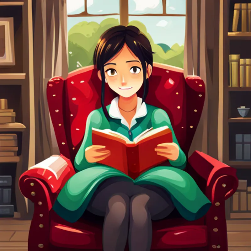 Samantha reading a book on a cozy chair