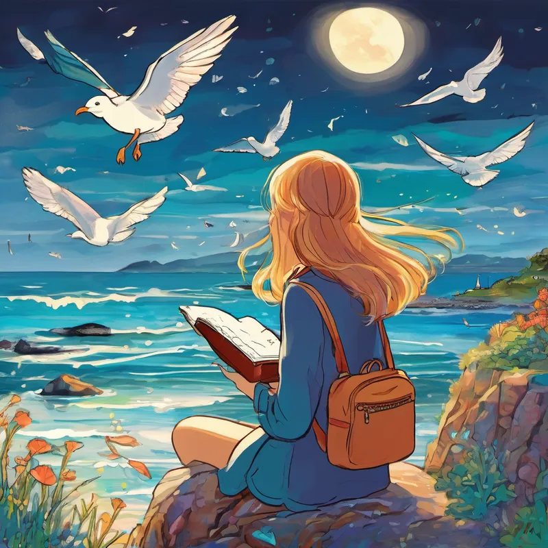 In a town by the sea, lived a girl named Lily,
With a notebook in hand, always ready, always silly.
Her love for the ocean, it knew no bounds,
Exploring its mysteries, she could always be found. Tide pools she'd visit, with a curious stare,
Collecting seashells, she'd find treasures rare.
Seagulls were her friends, soaring up high,
They'd glide with her, across the endless sky.