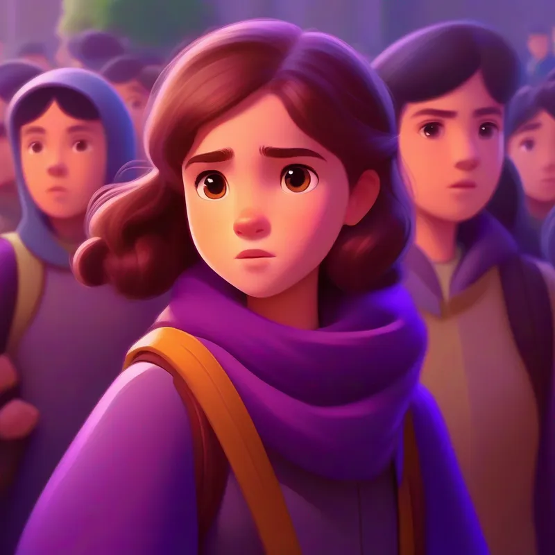 Brave girl, brown hair, determined eyes, wearing a purple scarf confronts classmates, starts a campaign for acceptance