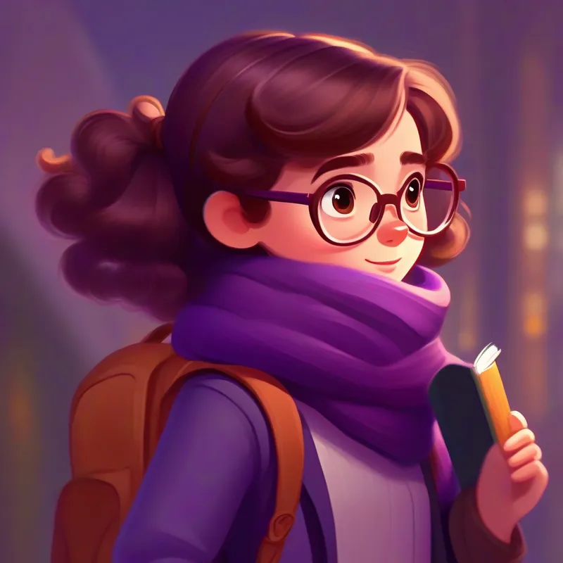 Brave girl, brown hair, determined eyes, wearing a purple scarf becomes an inspiration, proud of herself and Best friend, glasses, shy smile, always carrying a sketchbook