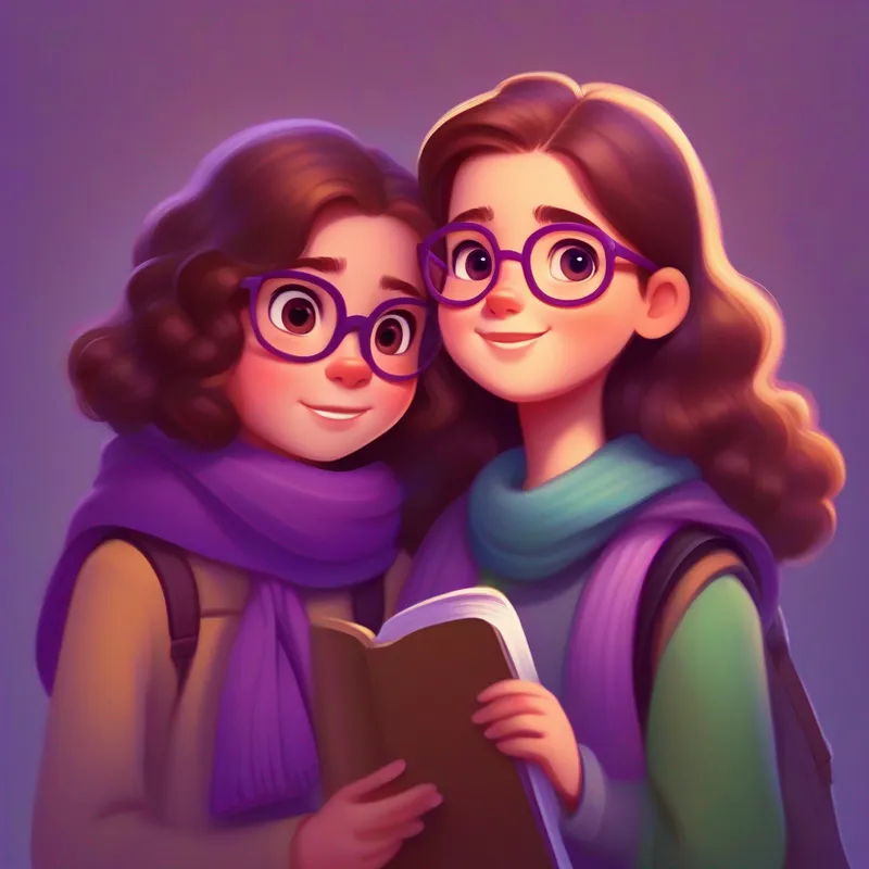 Brave girl, brown hair, determined eyes, wearing a purple scarf and Best friend, glasses, shy smile, always carrying a sketchbook remain best friends and advocates for acceptance