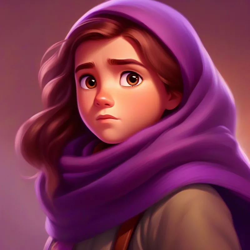 Brave girl, brown hair, determined eyes, wearing a purple scarf's bravery teaches a lesson about standing up for what's right