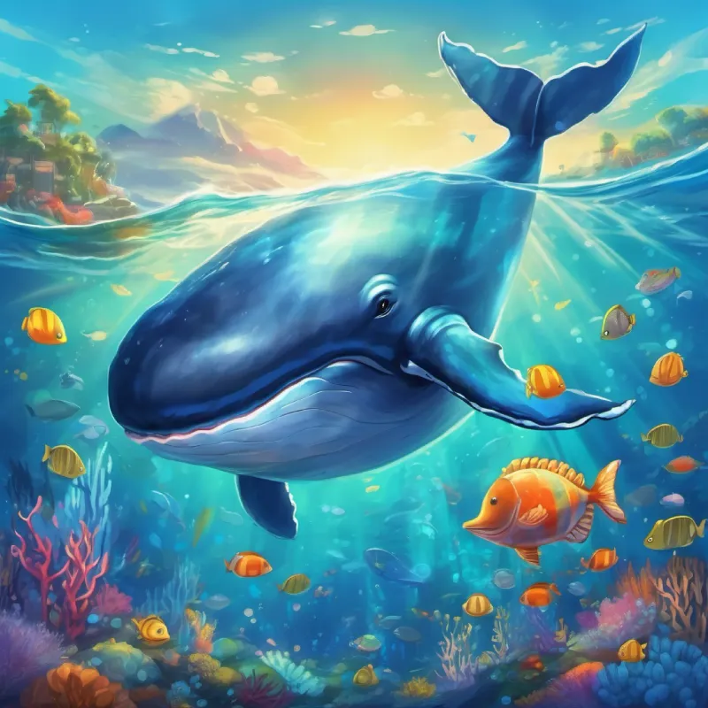A big, friendly whale with sparkling eyes and a blue-grey skin's adventurous spirit and the colorful underwater setting