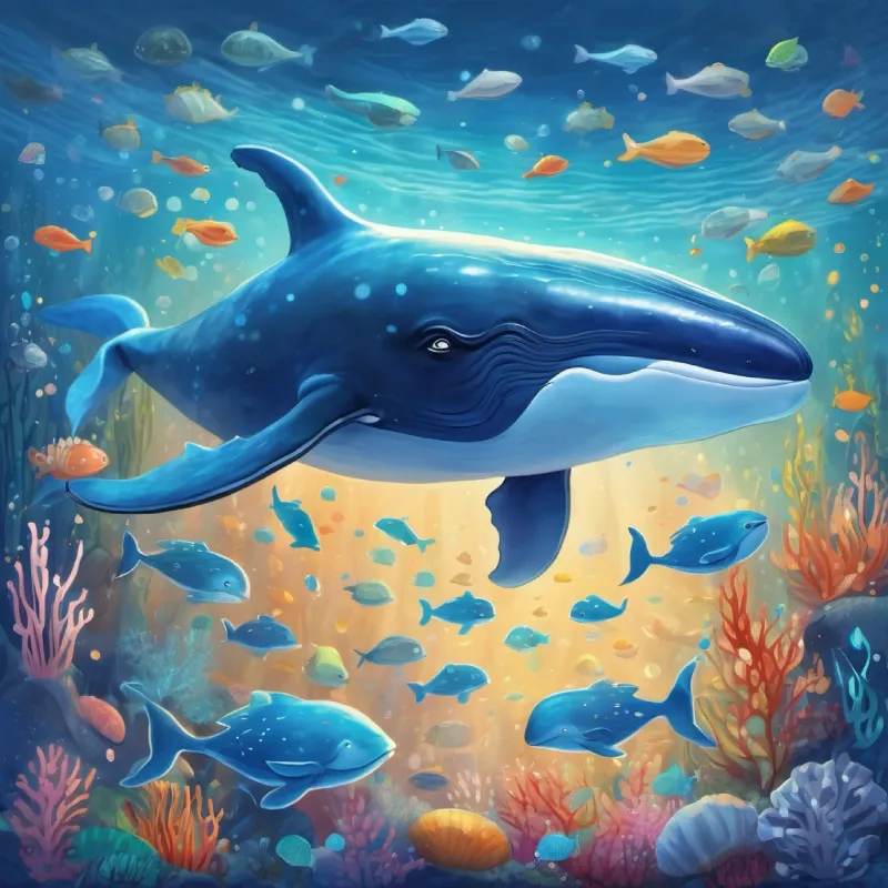 A big, friendly whale with sparkling eyes and a blue-grey skin's joyful interactions with other sea creatures