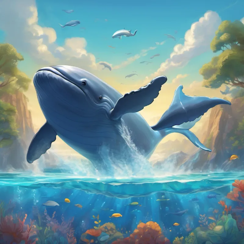 A big, friendly whale with sparkling eyes and a blue-grey skin's encounter with humans and her playful behavior