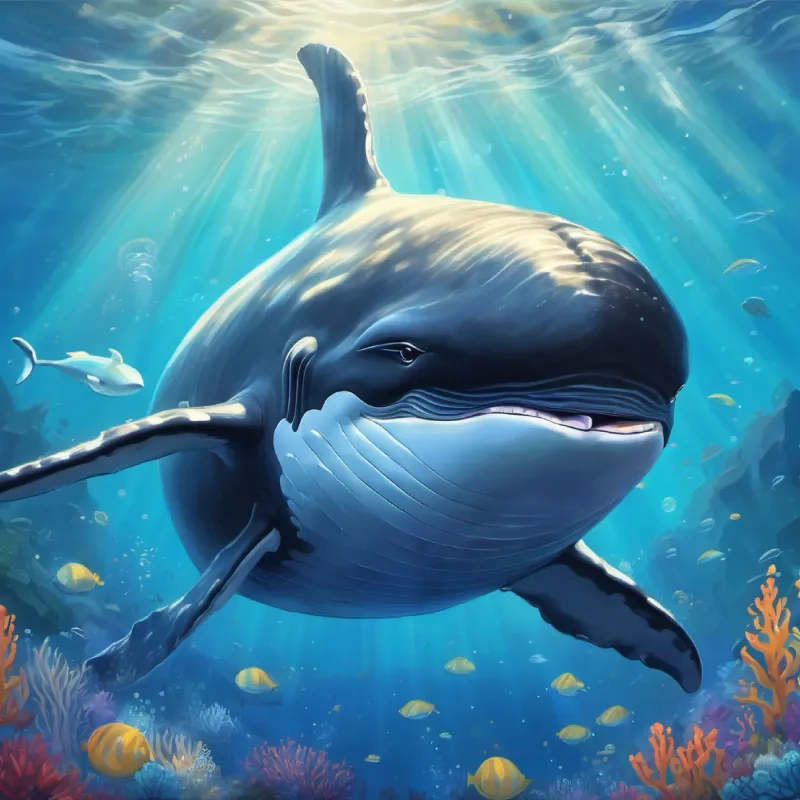 A big, friendly whale with sparkling eyes and a blue-grey skin's exploration of the depths of the ocean and new friendships
