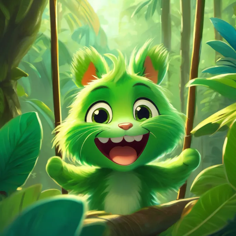 Introduction, Small, playful creature, green fur, wide eyes, always smiling in the jungle, swinging and singing
