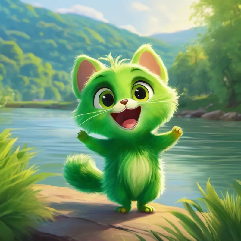 Small, playful creature, green fur, wide eyes, always smiling planning a funny face contest, in front of the river