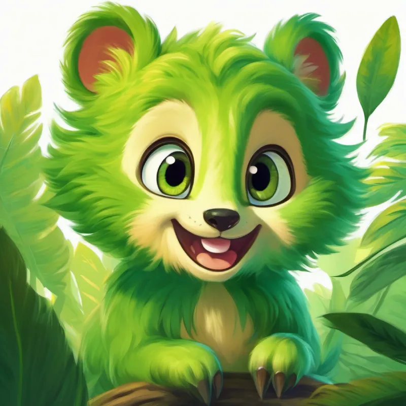 Small, playful creature, green fur, wide eyes, always smiling deciding the winner, jungle animals celebrating