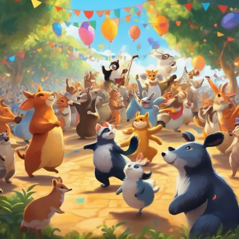 Celebration parade, animals dancing and playing music