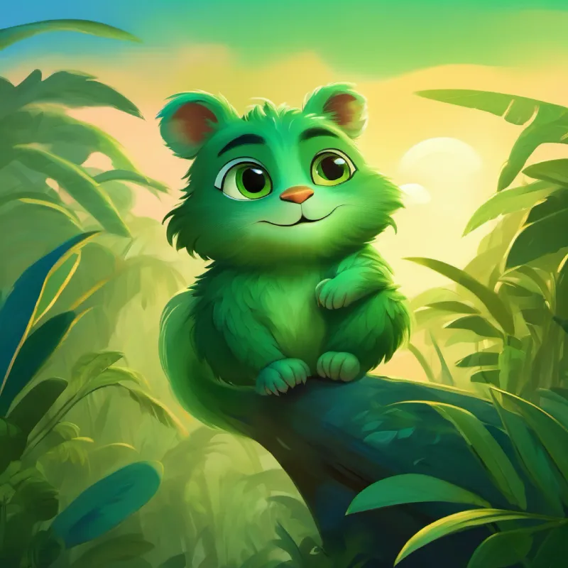 Small, playful creature, green fur, wide eyes, always smiling sleepy, saying goodnight to jungle and sky