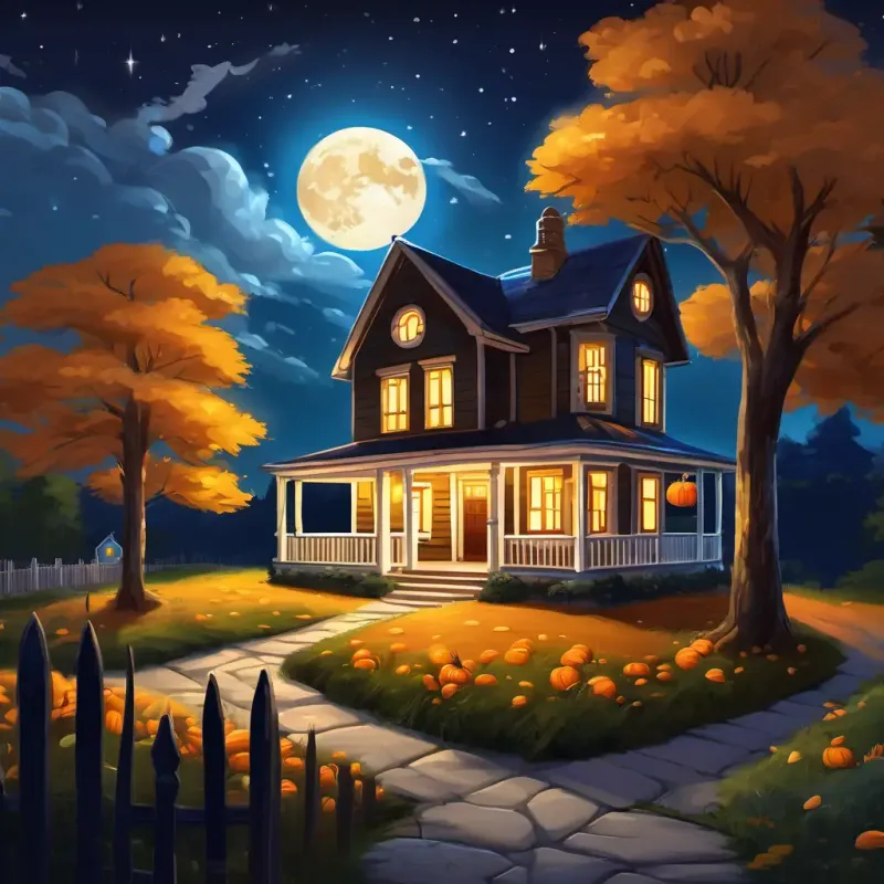 In Sunshineville, there is a little house with a white picket fence. Inside the house, there is a cozy bedroom where Fluffy, golden-brown fur, big round eyes, and a wagging tail sleeps. Outside, there is a vast night sky filled with stars and a bright full moon, shining down on the town.