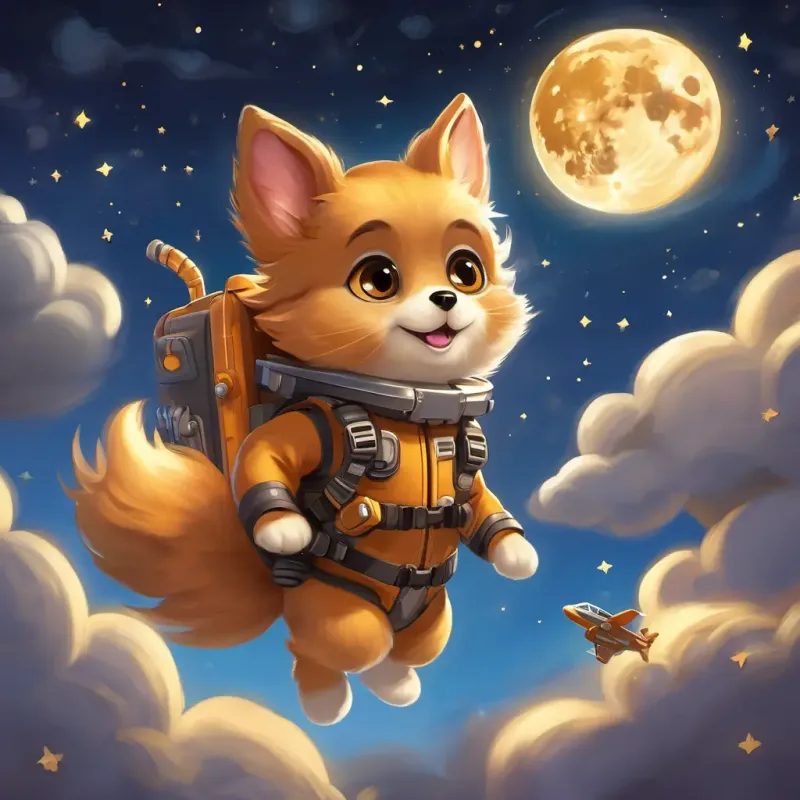 Fluffy, golden-brown fur, big round eyes, and a wagging tail is wearing his jetpack and zooming through the night sky. The moon is big and round, surrounded by twinkling stars. Fluffy, golden-brown fur, big round eyes, and a wagging tail's jetpack has flames shooting out of it, propelling him forward.