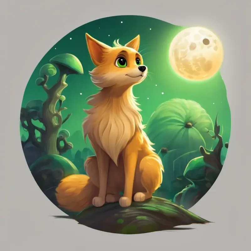 Fluffy, golden-brown fur, big round eyes, and a wagging tail is standing next to a small alien-like moon creature with big round eyes. The moon creature's skin is silver and its eyes are a bright shade of green. Fluffy, golden-brown fur, big round eyes, and a wagging tail is wagging his tail and looking lovingly at the moon creature.