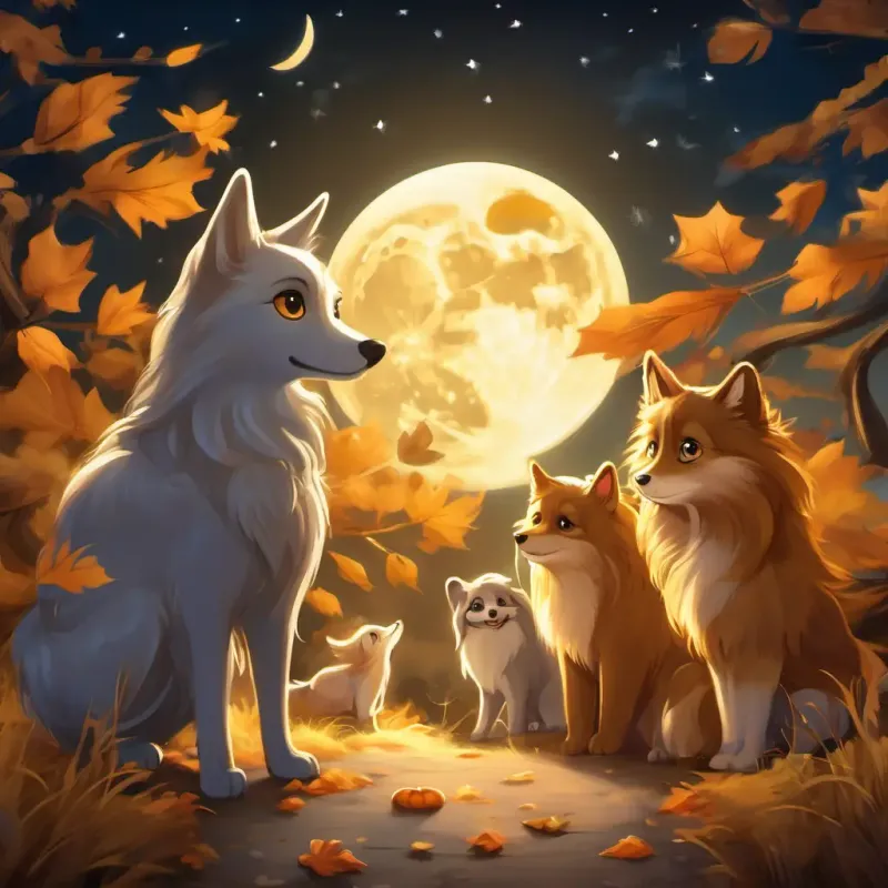 Fluffy, golden-brown fur, big round eyes, and a wagging tail is leading a group of moon creatures back to their families. The moon creatures are happy and smiling, and their silver skin glistens in the moonlight. Fluffy, golden-brown fur, big round eyes, and a wagging tail is flying ahead, confidently leading the way.