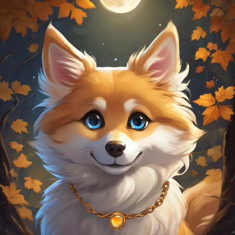 Fluffy, golden-brown fur, big round eyes, and a wagging tail is wearing a necklace made of a shiny moonstone. The moonstone glows softly and reflects the moon's light. Fluffy, golden-brown fur, big round eyes, and a wagging tail looks happy and proud, wagging his tail.