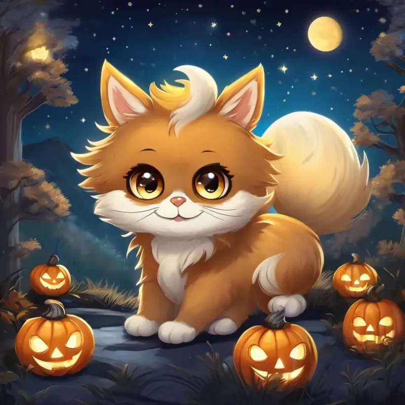 Fluffy, golden-brown fur, big round eyes, and a wagging tail is flying through the night sky with his moonstone necklace shining brightly. The moon is full and beautiful, and Fluffy, golden-brown fur, big round eyes, and a wagging tail is surrounded by twinkling stars. The people of Sunshineville are looking up with smiles on their faces.