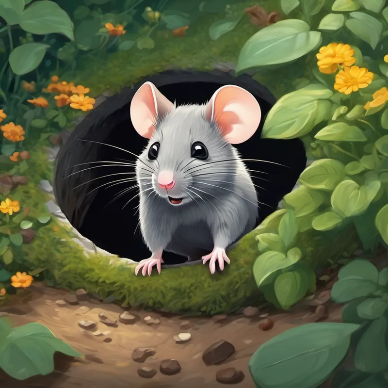 A small gray mouse with a friendly face falling into a hole in the garden