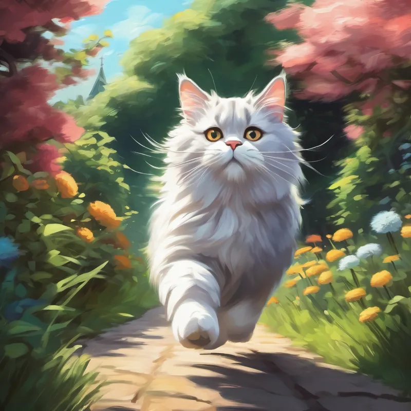 A fluffy cat with a concerned face running to the garden