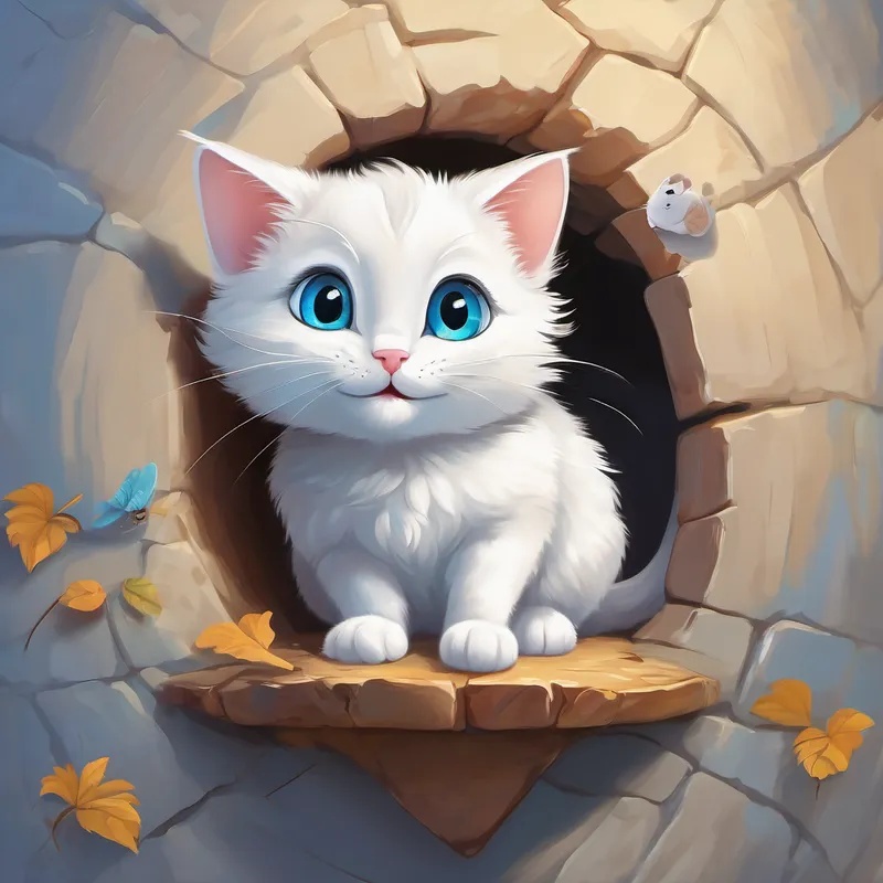 A kind-hearted white cat with big blue eyes and A small gray mouse with a friendly face climbing out of the hole, happy and smiling