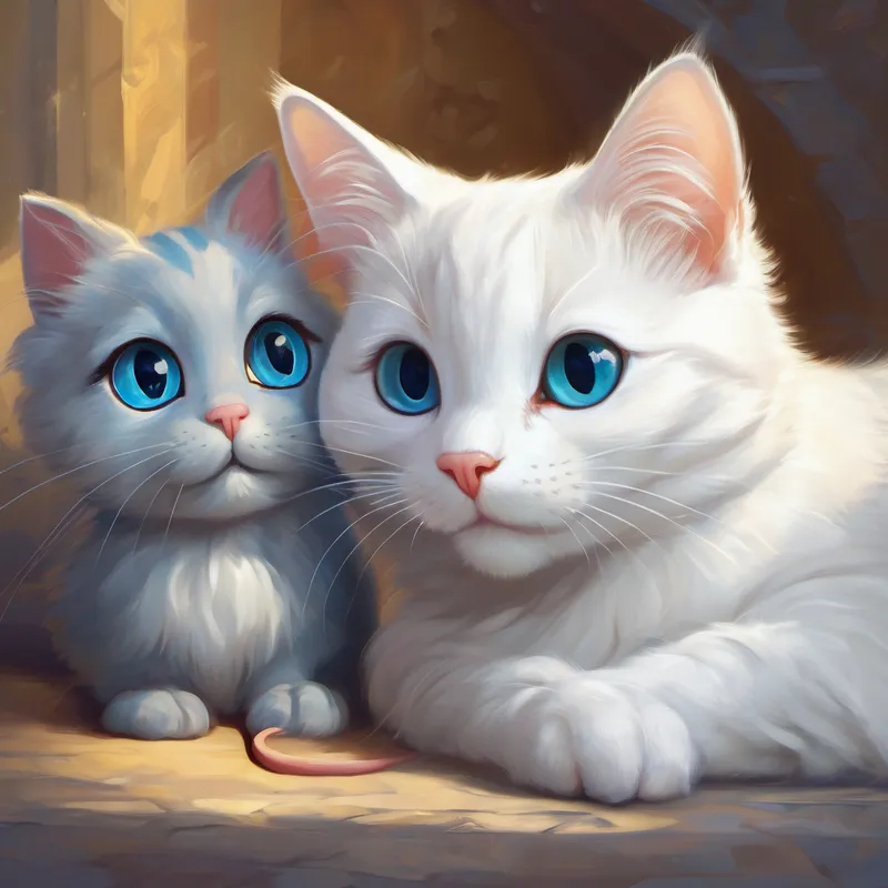 A kind-hearted white cat with big blue eyes and A small gray mouse with a friendly face playing together, showing their forever friendship
