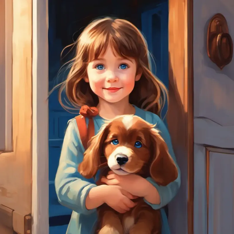 Coco at the door, preparing to take her puppy outside.