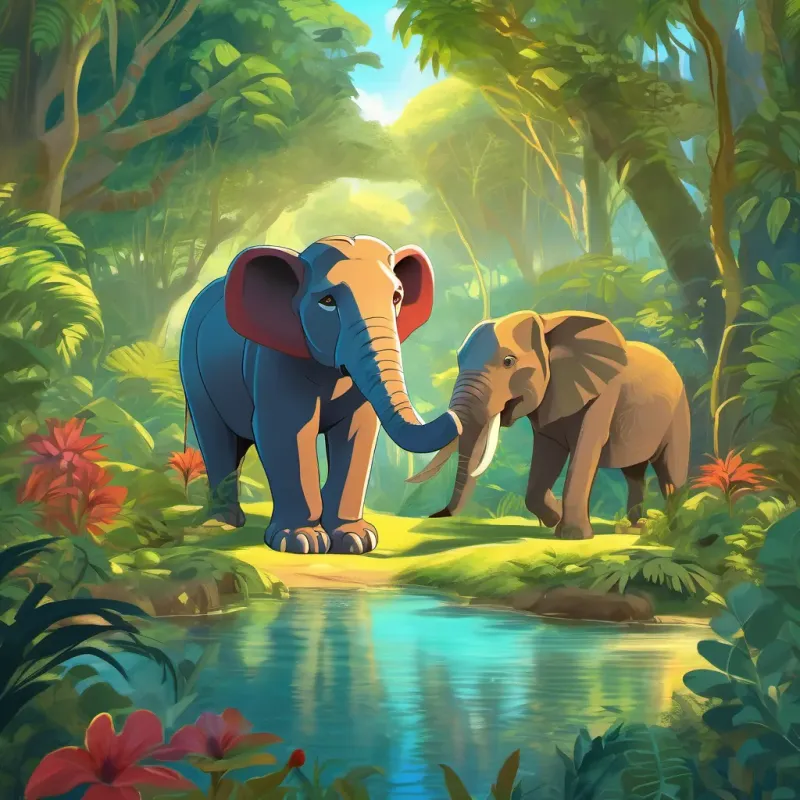 A vibrant jungle scene with bright sunlight, a majestic lion, and a towering elephant.
