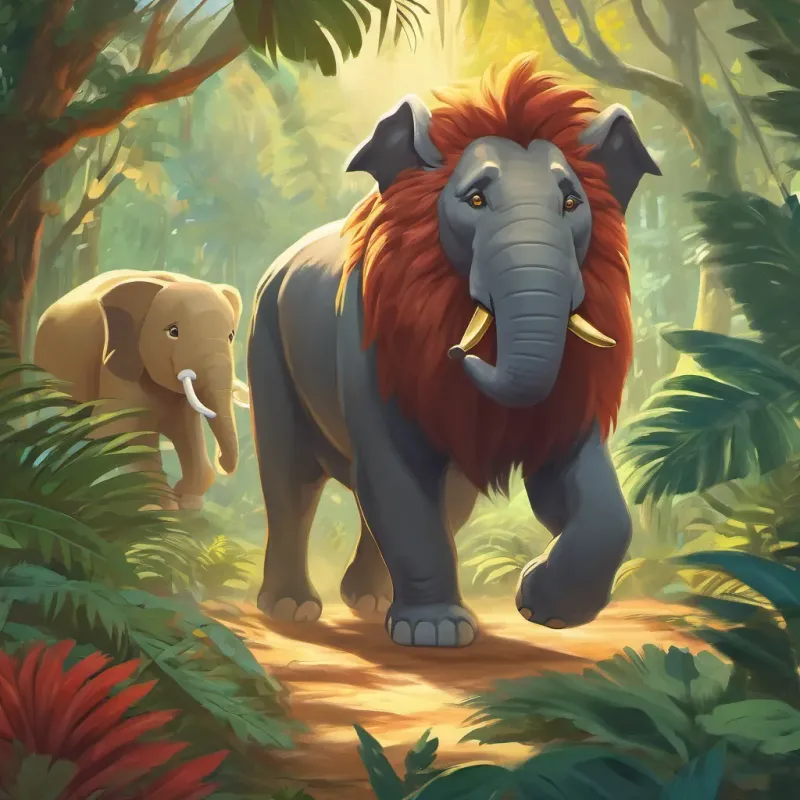 A roaring lion and a trumpeting elephant making a commotion in the jungle.