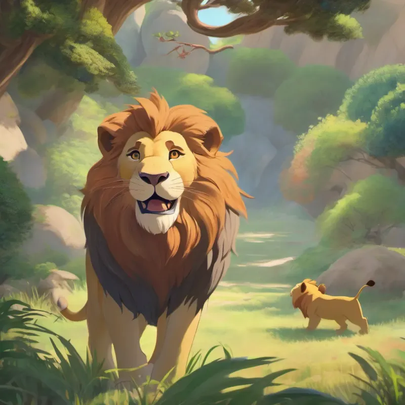 The lion sneezing and stumbling, looking embarrassed.