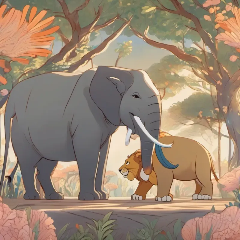 The lion and elephant smiling and shaking hands, looking harmonious.