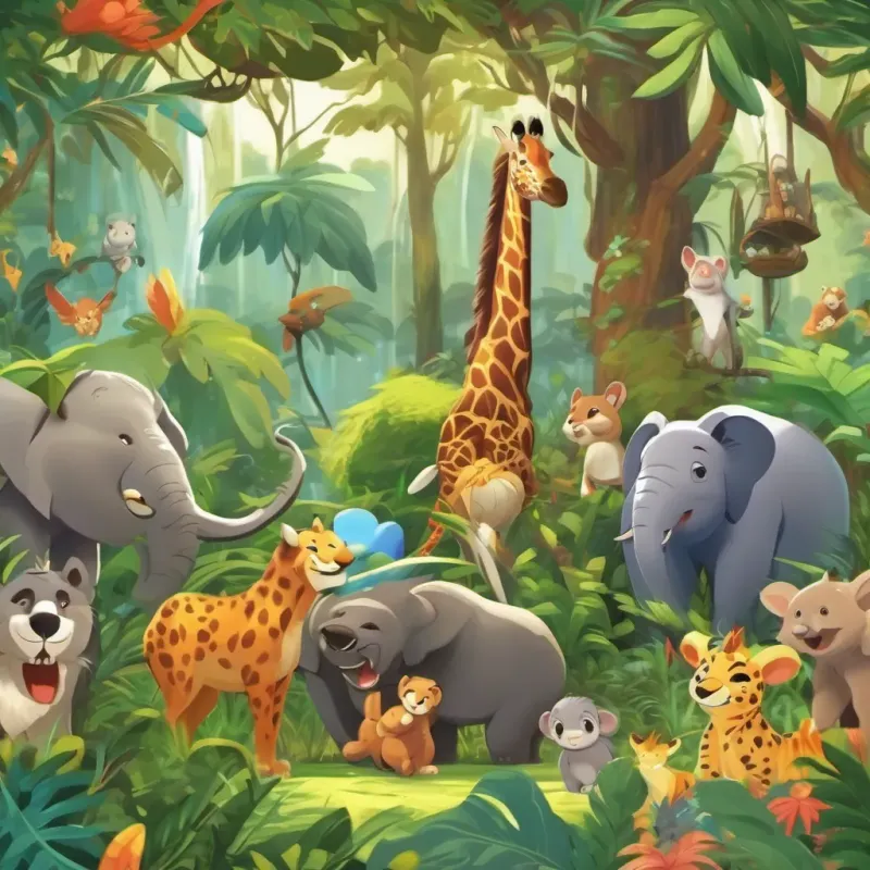 All the jungle animals rejoicing and celebrating together.