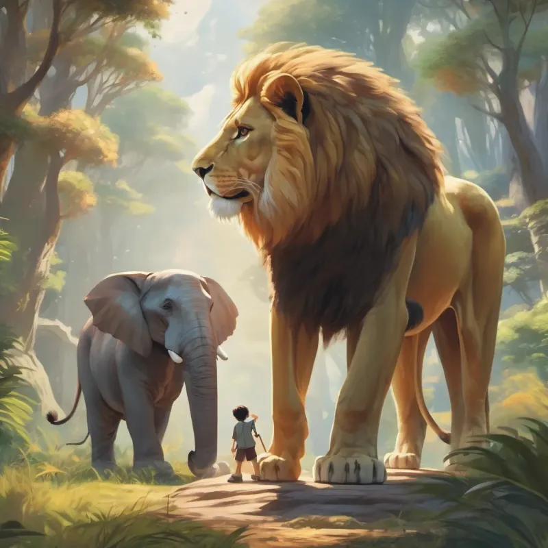 The lion and elephant standing tall and proud, arguing about their strength.