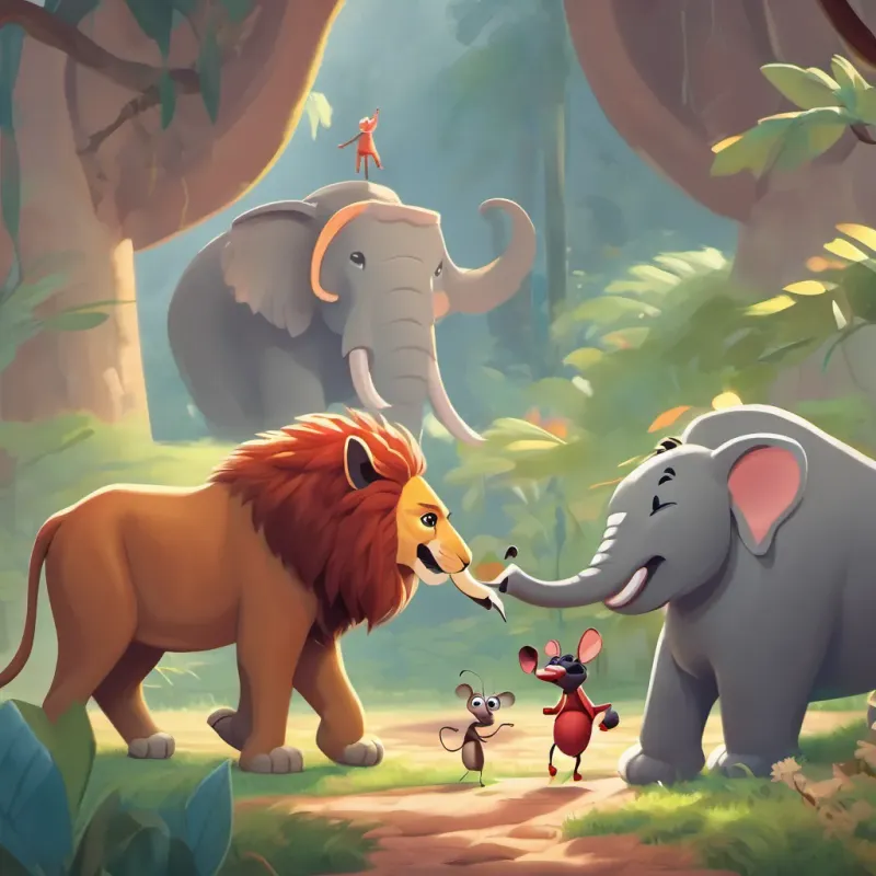 A tiny ant speaking up against the backdrop of the arguing lion and elephant.