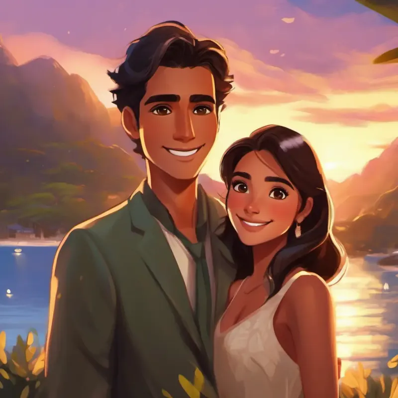 Tanned skin, twinkling brown eyes, kind smile and Olive skin, lively dark eyes, bright and warm presence's upcoming marriage and the beauty of their love.