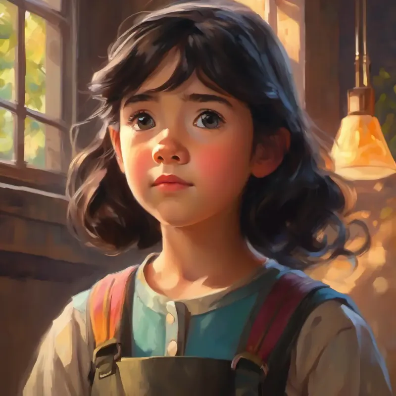 Young girl, dark hair, bright eyes, active listener's realization, concern, awe of mother's diligence