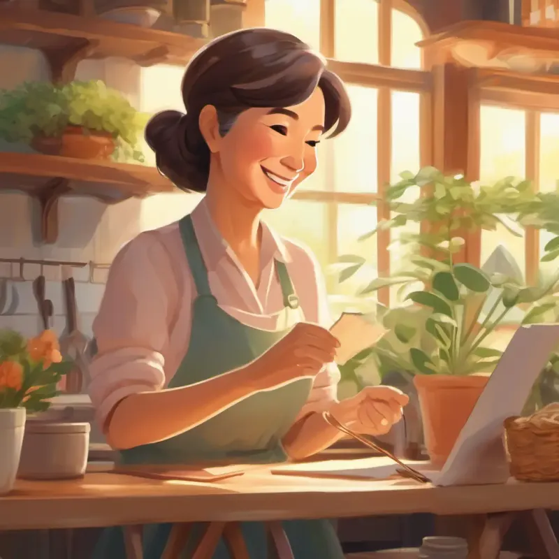 Middle-aged woman, warm smile, gentle hands, multitasking's pride, happiness, encouragement