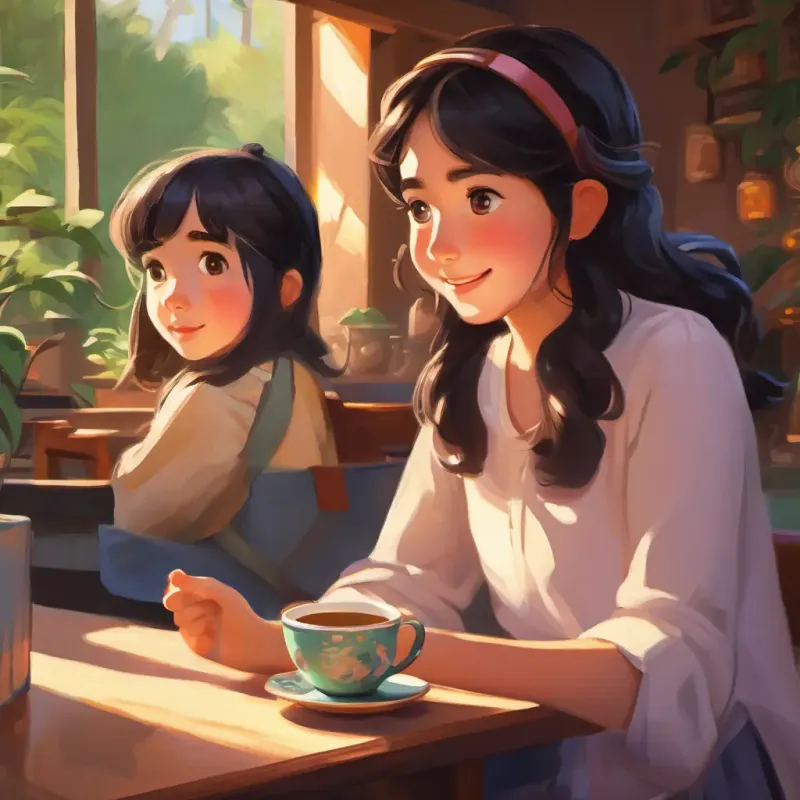 Learning moment, bonding over chai, Young girl, dark hair, bright eyes, active listener's enthusiasm