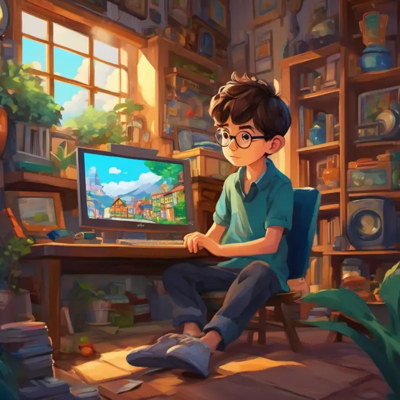 The text appears with an image of a quaint town with colorful houses and a young boy named A young programmer with brown hair, glasses, and a curious expression sitting in front of a computer.