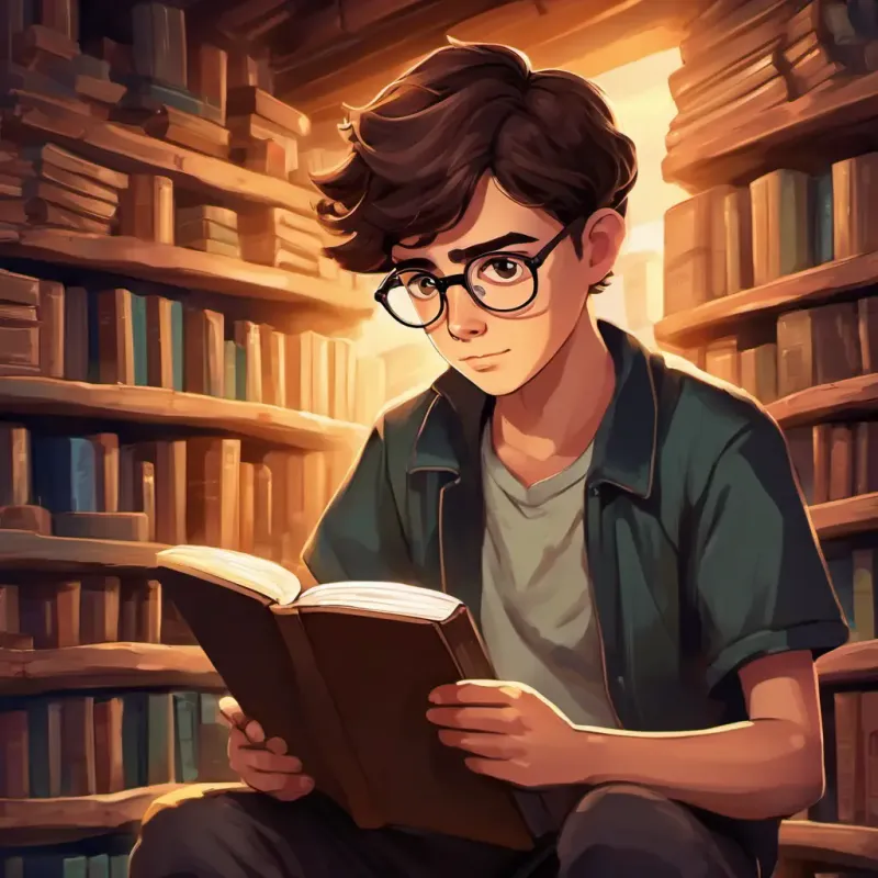 The text appears with an image of A young programmer with brown hair, glasses, and a curious expression holding a dusty book in a dimly lit basement filled with shelves of books and coding equipment.