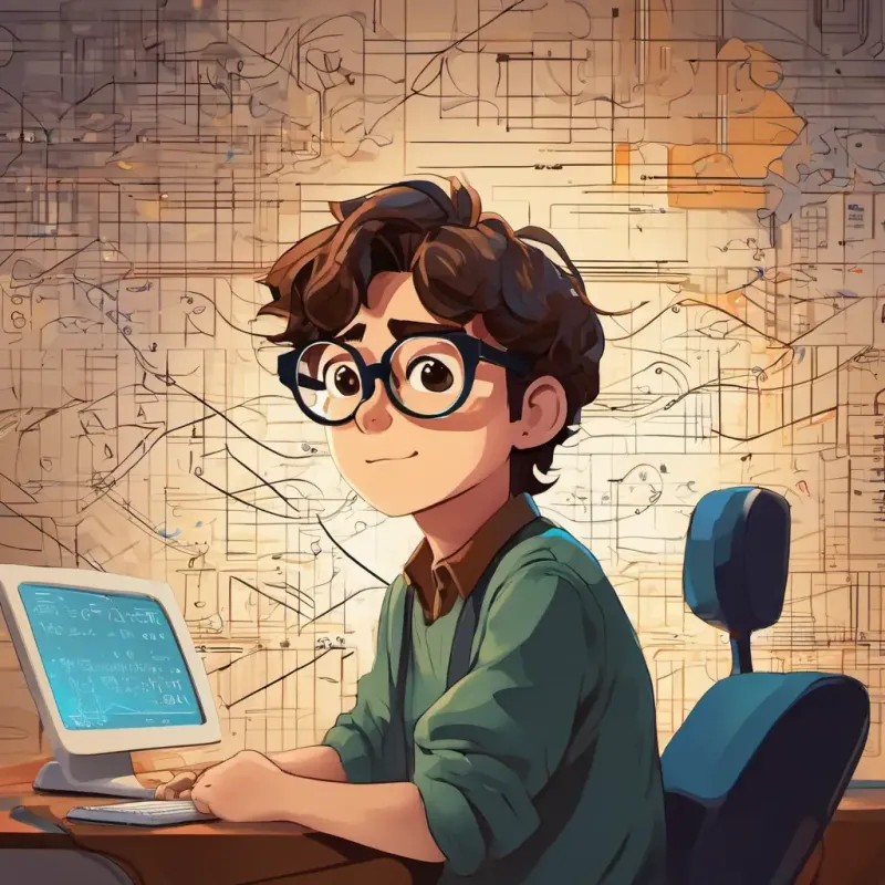 The text appears with an image of A young programmer with brown hair, glasses, and a curious expression sitting at a desk with a computer, surrounded by math equations and lines of code.