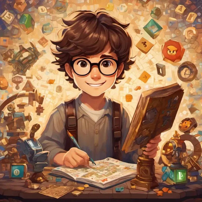 The text appears with an image of A young programmer with brown hair, glasses, and a curious expression with a big smile, holding up a trophy, surrounded by math equations, video game characters, and puzzle pieces.