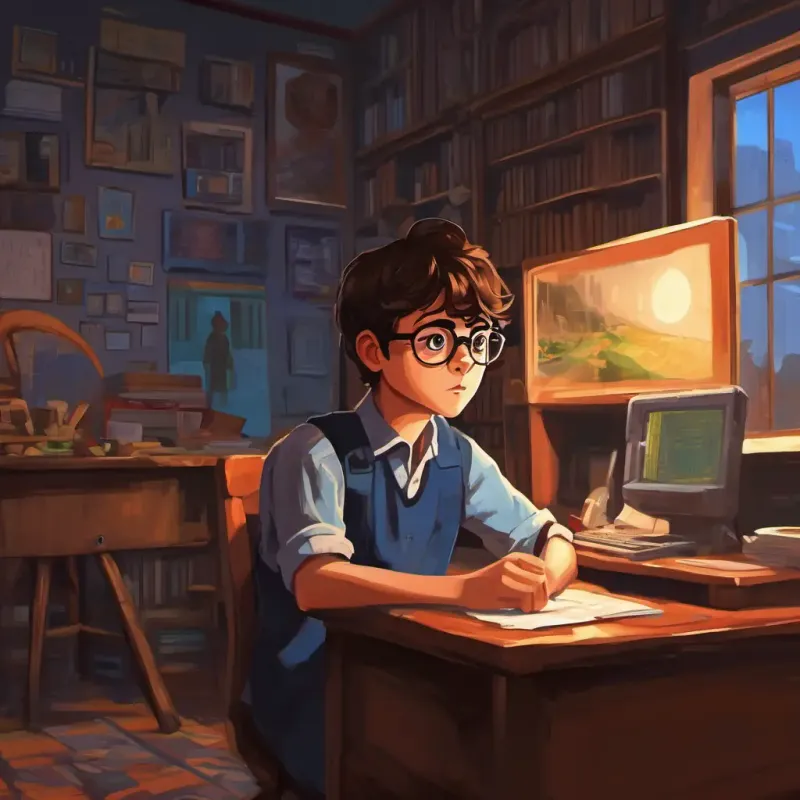 The text appears with an image of A young programmer with brown hair, glasses, and a curious expression turning around, looking frightened, while a dark shadow looms in the corner of the room.