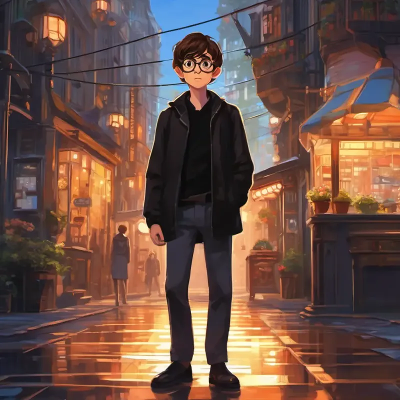 The text appears with an image of A young programmer with brown hair, glasses, and a curious expression standing face-to-face with A tall figure dressed in black, with glowing eyes and a serious expression, a tall figure dressed in black, with glowing eyes and a serious expression.