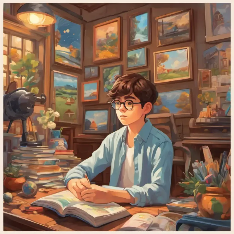 The text appears with an image of A young programmer with brown hair, glasses, and a curious expression deep in thought, surrounded by images of their loved ones and cherished hobbies.
