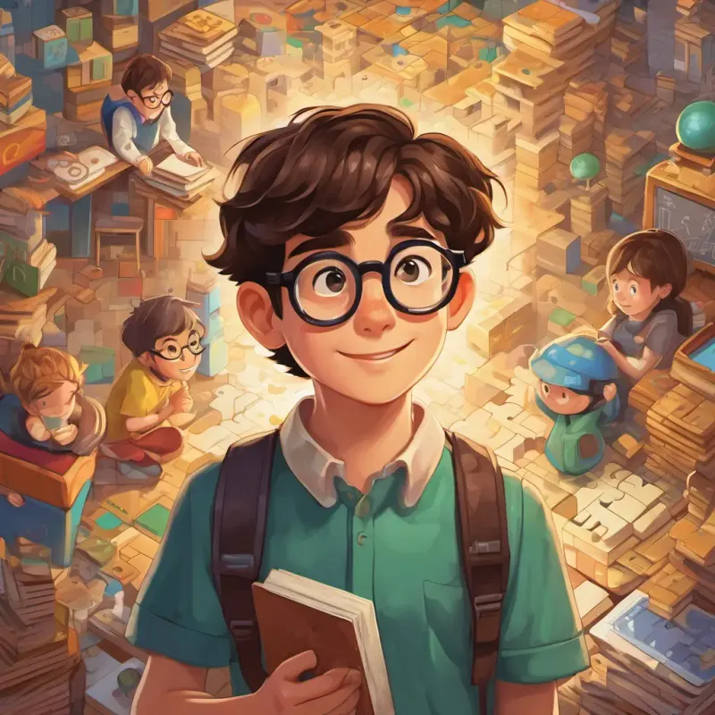 The text appears with an image of A young programmer with brown hair, glasses, and a curious expression smiling, surrounded by friends and family, with a math problem and a puzzle in the background.