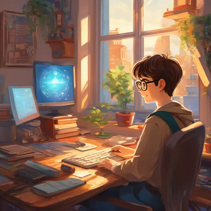 The text appears with an image of A young programmer with brown hair, glasses, and a curious expression sitting at a desk, typing on the computer, surrounded by coding symbols and a bright, smiling sun outside the window.