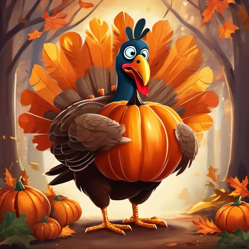 Wacky turkey with brown feathers and curious, bright eyes wakes up, decides to find a big pumpkin.