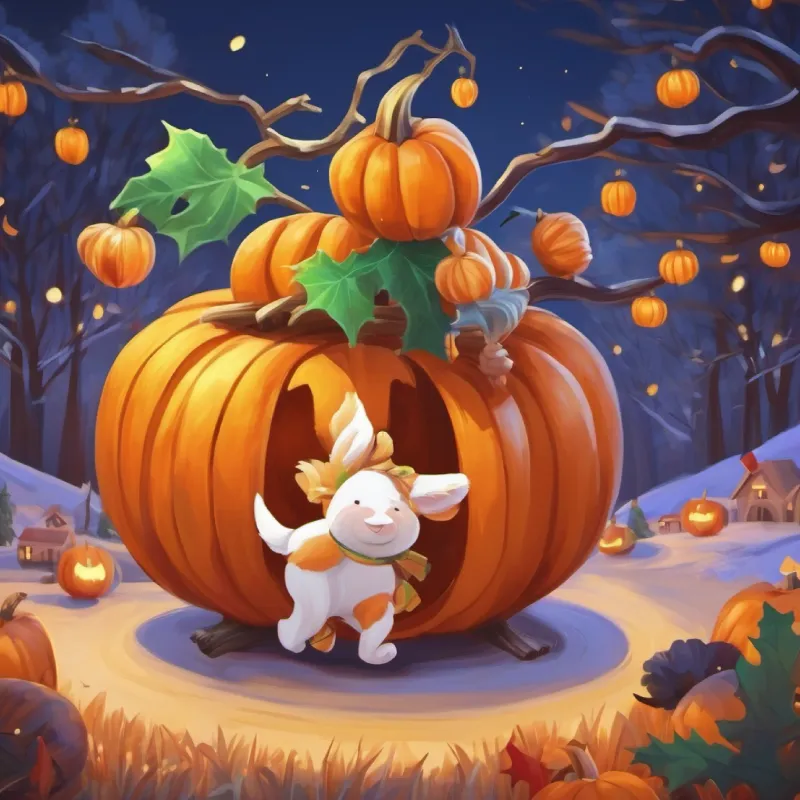 The animals work together, moving the pumpkin with joy.
