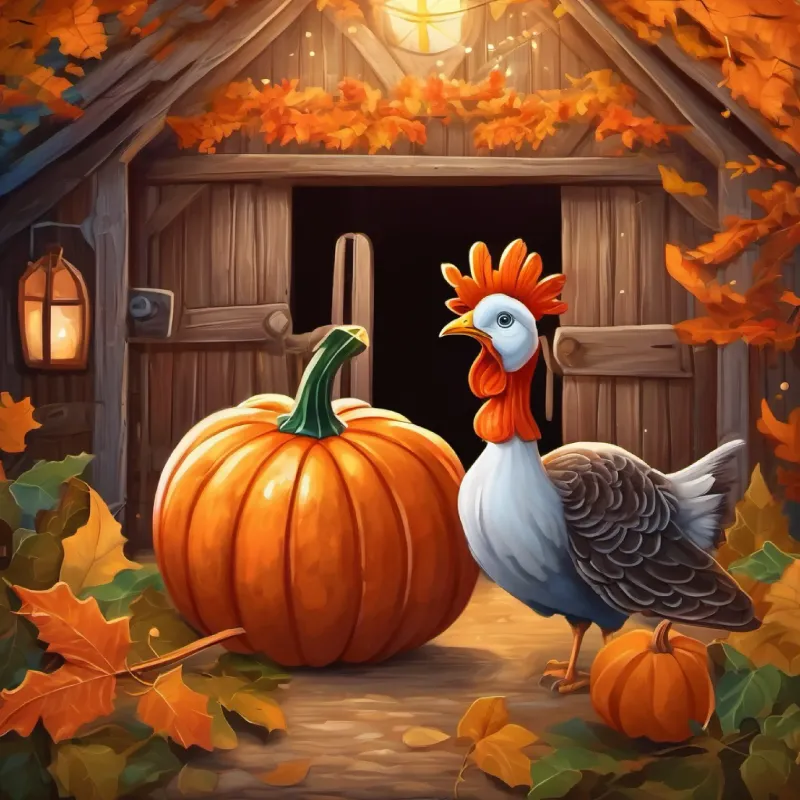 The pumpkin is at the barn and Wacky turkey with brown feathers and curious, bright eyes is thankful to his friends.